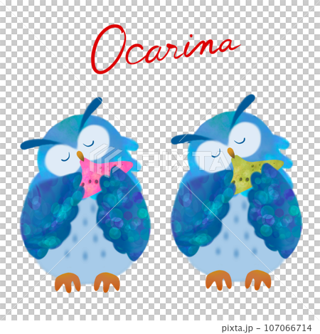 二羽のミミズクがオカリナを演奏しているかわいいイラスト 107066714