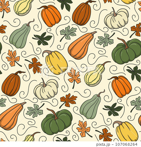 Cosy autumn pumpkins pattern on white background. Green, white, orange and brown cartoon pumpkins. Cute design for wrappin, decoration, home decor, kids textile Cosy autumn pumpkins pattern on white background. Green, white, orange and brown cartoon pumpkins. Cute design for wrappin, decoration, home decor, kids textile 107068264