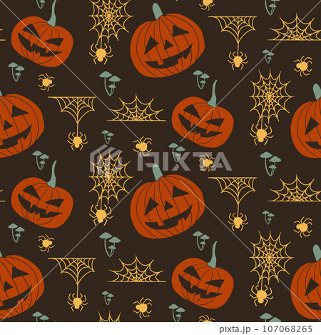 Dark theme halloween silhouette seamless pettern with scaty pumpkings, spider webs and poisounous mushrooms on dark background. Spooky unique design for halloween decoration, textile, wrapping 107068265