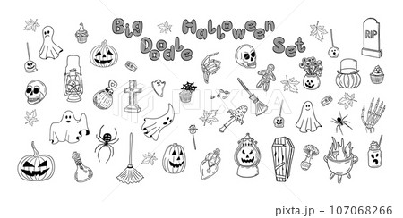 Big doodle halloween collection hand drawn things. Sketch isolated elements for halloweenparty decoration. Retro holiday design for coloring pages, stickers, tatoo. Big doodle halloween collection hand drawn things. Sketch isolated elements for halloweenparty decoration. Retro holiday design for coloring pages, stickers, tatoo. 107068266