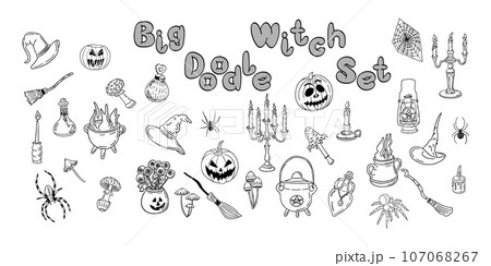 Bif flat hand drawn doodle witchs items set. Outline vector collection for stickers or decoration. Halloween holiday unique design. Black isolated elements on white background. 107068267