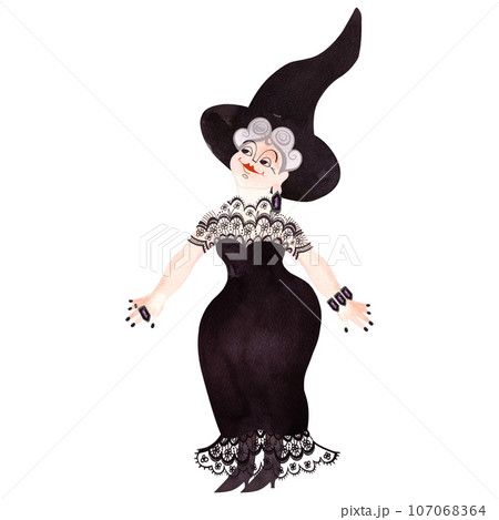 A curvy, plump, smiling, cheerful middle-aged witch with gray curls wearing a tight lace evening dress and amethyst jewelry and pointed hat. Watercolor hand drawn isolated illustration on white A curvy, plump, smiling, cheerful middle-aged witch with gray curls wearing a tight lace evening dress and amethyst jewelry and pointed hat. Watercolor hand drawn isolated illustration on white 107068364