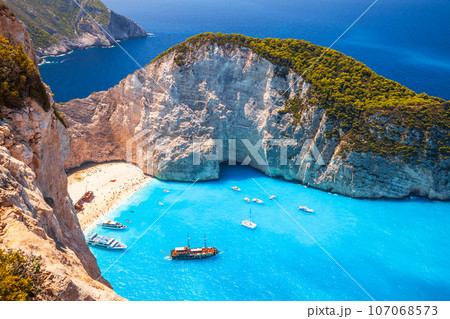 Navagio beach on a sunny day, the most famous natural landmark 107068573