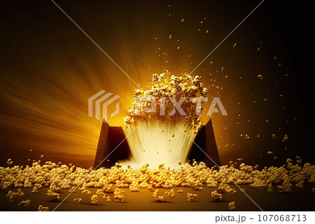 A box of popcorn. Movie theater themed popcorn package. Generative AI A box of popcorn. Movie theater themed popcorn package. Generative AI 107068713