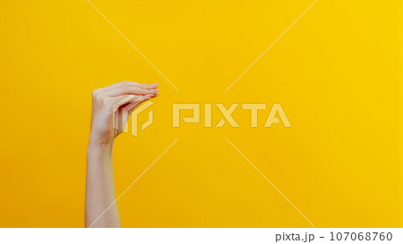 Hand theater. News advertisement. Female woman arm mouth gesture talking fun performance introducing sensation isolated on yellow background empty space. 107068760