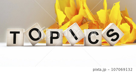 TOPICS text written with wooden cubes on white background 107069132