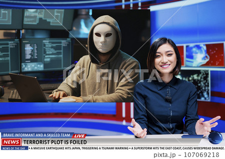 News anchor talks about cyber security, IT specialists solving terrorist malware attack before stealing official government information. Woman journalist covers important daily news topics. News anchor talks about cyber security, IT specialists solving terrorist malware attack before stealing official government information. Woman journalist covers important daily news topics. 107069218