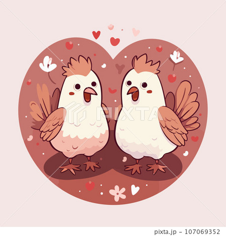 2 chickens holding hands and hearts on background, in the style of charming characters 107069352
