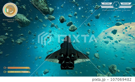 Spaceship flying singleplayer game with overlay HUD showing health, fuel, ammo bars and minimap. Spacecraft in galaxy shooting at asteroids, high quality ray tracing graphics 107069482