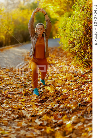 young female in fitness clothes in park stretching young female in fitness clothes in park stretching 107070431