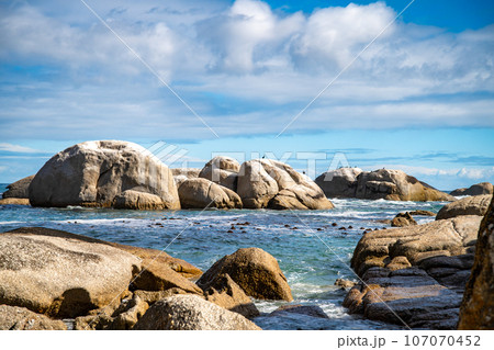 Aerial view of Llandudno beach in Cape Town, South Africa 107070452
