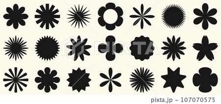 Vector set of brutalist geometric shapes. Trendy abstract minimalist figures, stars, flowes, circles. Modern abstract graphic design elements. 107070575