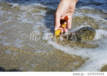 Beautiful pieces of amber in the hand of the sea background. A glowing wavy piece of amber in the palm of your hand. The sunstone. 107070593