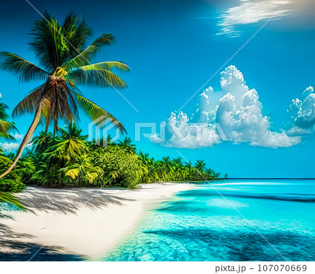 Beautiful white sand beach, turquoise ocean surrounded by palm trees and blue sky with clouds on a sunny day. 107070669