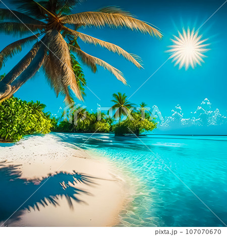 Beautiful white sand beach, turquoise ocean surrounded by palm trees and blue sky with clouds on a sunny day. 107070670