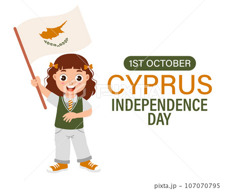 Cyprus Independence Day. Cute little girl with Cyprus flag. Cartoon illustration, banner, poster, vector 107070795