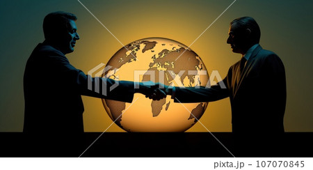 Silhouette of two influential men shaking hands in a dark room against the backdrop of a world map. Silhouette of two influential men shaking hands in a dark room against the backdrop of a world map. 107070845