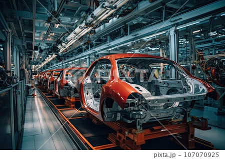 Automatic construction, building, welding industrial production conveyor. Automobile assembly line production. 107070925