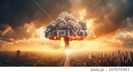 Nuclear war threat concept. Explosion of nuclear bomb in the city. Nuclear war threat concept. Explosion of nuclear bomb in the city. 107070981