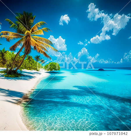 Beautiful white sand beach, turquoise ocean surrounded by palm trees and blue sky with clouds on a sunny day. Beautiful white sand beach, turquoise ocean surrounded by palm trees and blue sky with clouds on a sunny day. 107071042