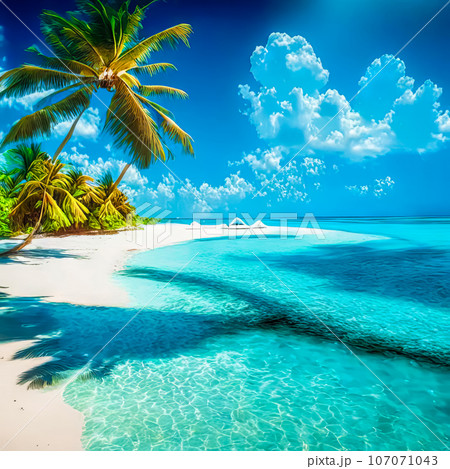 Beautiful white sand beach, turquoise ocean surrounded by palm trees and blue sky with clouds on a sunny day. 107071043