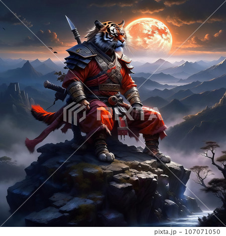 Noble tiger samurai in armor, tiger samurai on the mountain in the full moon Noble tiger samurai in armor, tiger samurai on the mountain in the full moon 107071050
