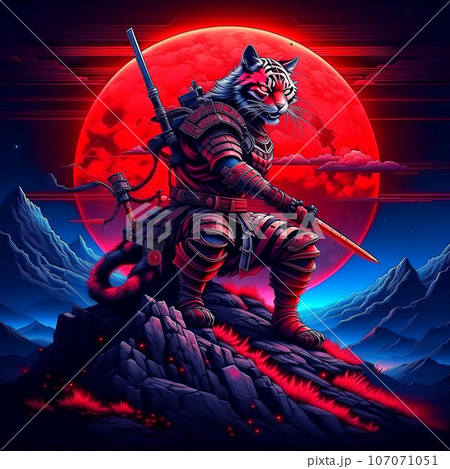 Noble tiger samurai in armor, tiger samurai on the mountain in the full moon 107071051