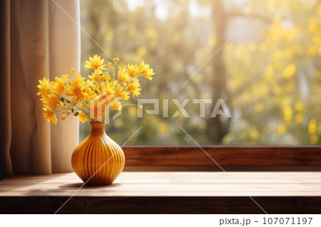 A wooden table top in front of a window with yellow flowers. Generative AI A wooden table top in front of a window with yellow flowers. Generative AI 107071197