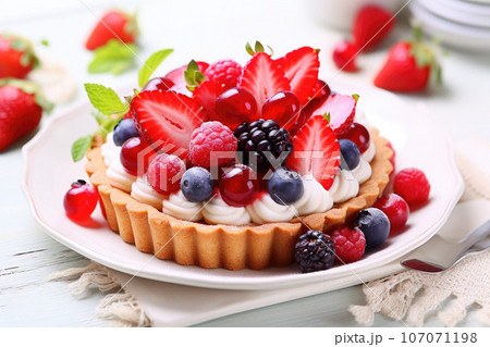 Appetizing fruit tart consisting of blueberries and raspberries with blossoms. Generative AI Appetizing fruit tart consisting of blueberries and raspberries with blossoms. Generative AI 107071198
