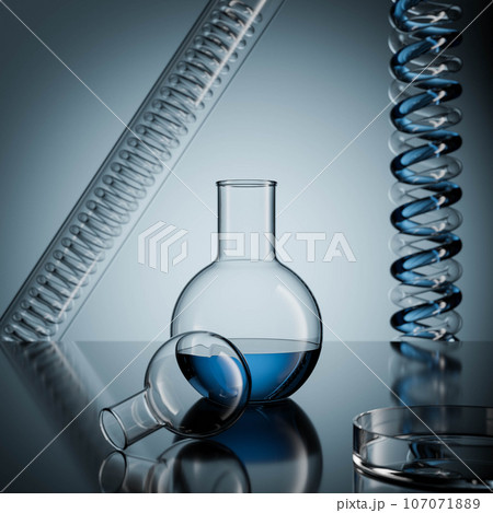 Laboratory glassware. Chemical industry. Scientific experimental equipment. Medical pharmacy lab test. Scientific research. Transparent liquid in a bottle. Biology, chemistry, biochemistry background Laboratory glassware. Chemical industry. Scientific experimental equipment. Medical pharmacy lab test. Scientific research. Transparent liquid in a bottle. Biology, chemistry, biochemistry background 107071889