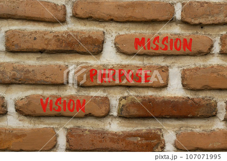 Vision purpose mission symbol. Concept word Vision Purpose Mission on beautiful red bricks. Beautiful red brown brickwall background. Business motivational vision purpose mission concept. Copy space. 107071995