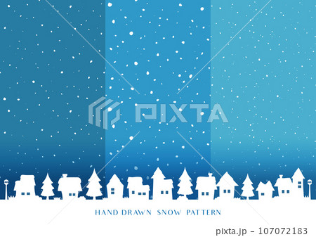 雪のパターン背景と冬の街並みシルエット（ラフな手書きイラスト） 107072183