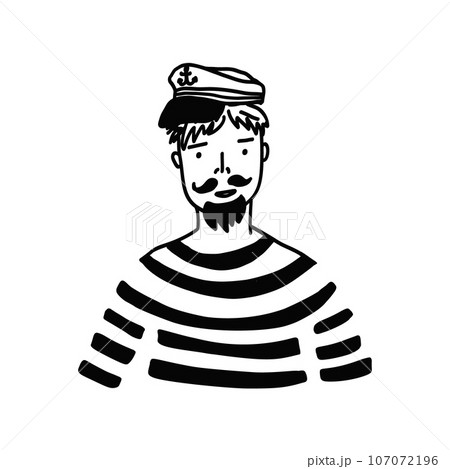Cute vector black outline doodle sailor man. Funny hand drawn seaman illustration for logo design, tattoo, sticker, marine decor element, textile print 107072196