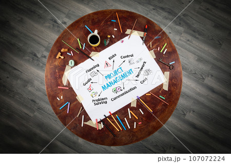 Project management Concept. Chart with keywords and icons. Round wooden table 107072224