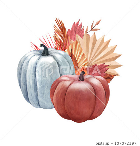 Watercolor realistic whole fresh orange pumpkin with leaves Hand-drawn illustration isolated on white background. Perfect for menu cafe, template natural food, cooking, packing food, card thanksgiving 107072397