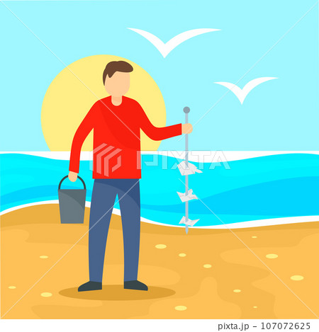 Man take garbage from sea beach background. Flat illustration of man take garbage from sea beach vector background for web design 107072625