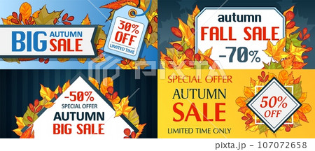 Autumn sale leaves. Halloween and Thanksgiving fall season banner concept set. Cartoon hand drawn illustration of 4 Autumn sale leaves. Halloween and Thanksgiving fall season vector banners for web 107072658