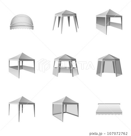Awning icons set. Isometric set of 9 awning vector icons for web isolated on white background Awning icons set. Isometric set of 9 awning vector icons for web isolated on white background 107072762