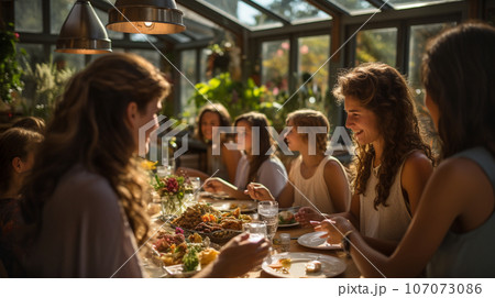 Family and friends enjoying a Thanksgiving meal together - generative AI. Family and friends enjoying a Thanksgiving meal together - generative AI. 107073086