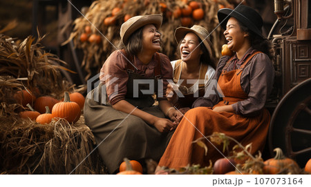 Three girlfriends laughing together while enjoying the fall gathering on the farm - generative AI. 107073164