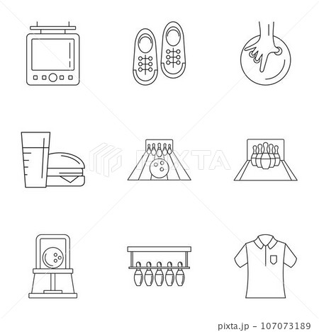 Bowling alley icons set. Outline set of 9 bowling alley vector icons for web isolated on white background Bowling alley icons set. Outline set of 9 bowling alley vector icons for web isolated on white background 107073189