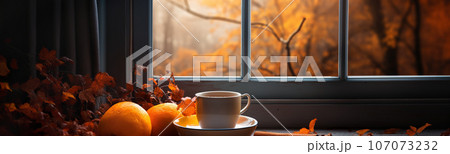 Cup resting on window sill with a fall mountain country view banner - generative AI. 107073232
