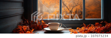 Cup resting on window sill with a fall mountain country view banner - generative AI. 107073234