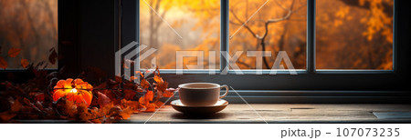 Candle and cup resting on window sill with a fall mountain country veiw banner - generative AI. 107073235