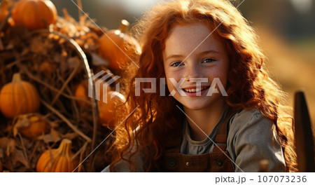 Cute smiling little red haired girl sitting amongst the fall foliage and pumpkins - generative AI. 107073236