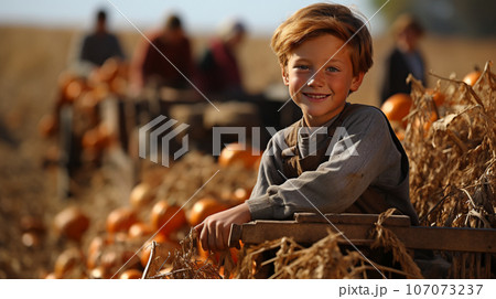 A teenage boy enjoying a fall gathering on the pumpkin farm with friends - generative AI. 107073237