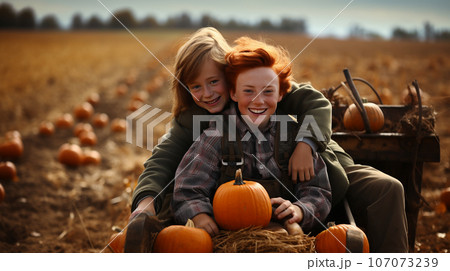 Young boys enjoying a fall gathering on the pumpkin farm with friends - generative AI. 107073239