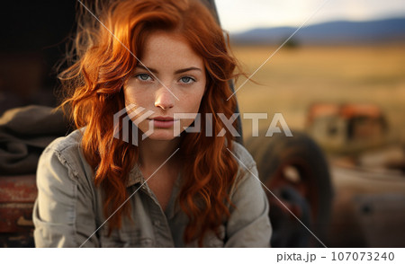 Portrait of a pretty red haired girl on the farm one fall day - generative AI. 107073240
