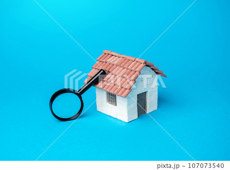 House and magnifying glass. Searching for real estate to buy. Take a mortgage. Investments in immovable assets. Property Inspection before purchase to uncover any issues. 107073540