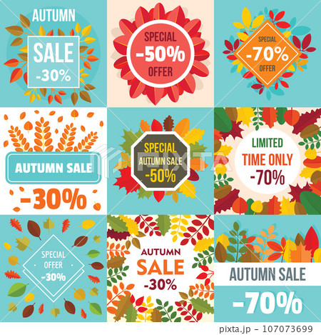 Autumn sale leaves. Halloween and Thanksgiving fall season banner concept set. Flat illustration of 9 Autumn sale leaves. Halloween and Thanksgiving fall season vector banner concepts for web Autumn sale leaves. Halloween and Thanksgiving fall season banner concept set. Flat illustration of 9 Autumn sale leaves. Halloween and Thanksgiving fall season vector banner concepts for web 107073699